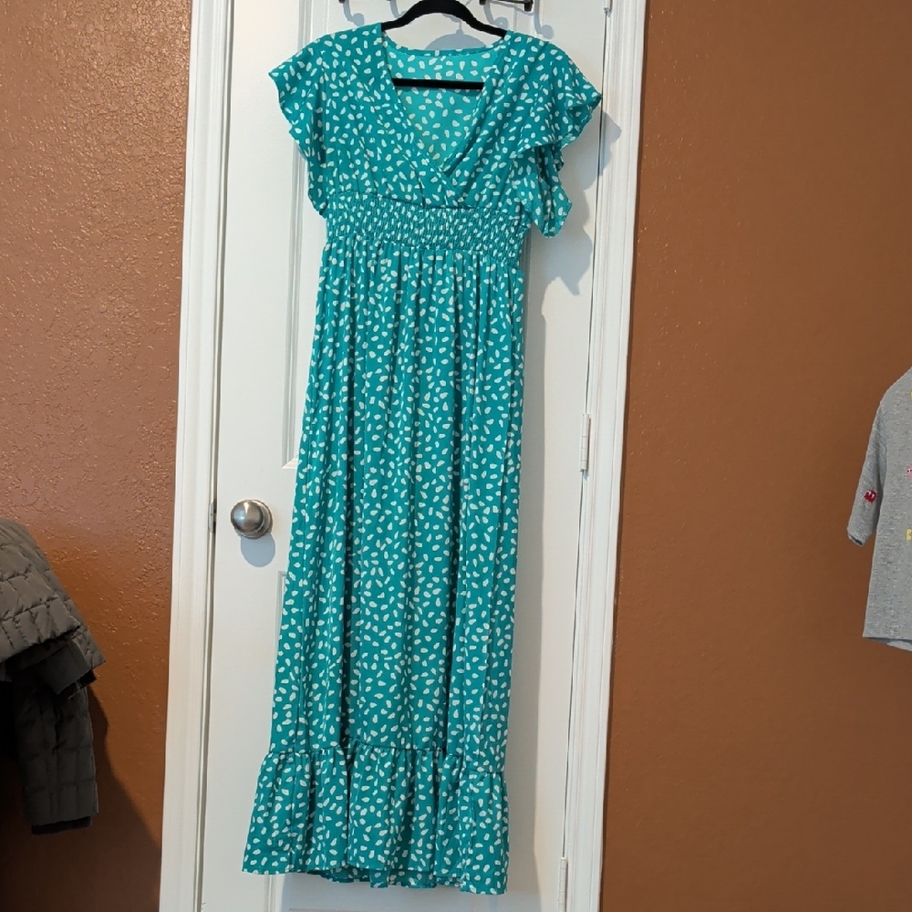Women’s Teal Print Maxi Dress - Smocked Waist